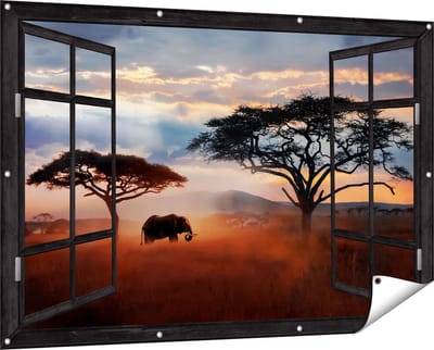 Gards Tuinposter Doorkijk Olifant in het Wild - Savanne - 150x100 cm - Tuindoek - Tuindecoratie - Wanddecoratie buiten - Tuinschilderij
