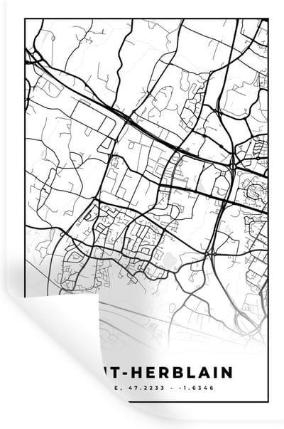 Muurstickers - Sticker Folie - Kaart - Plattegrond - Saint-Herblain - Frankrijk - Stadskaart - Zwart wit - 20x30 cm - Plakfolie - Muurstickers Kinderkamer - Zelfklevend Behang - Zelfklevend behangpapier - Stickerfolie
