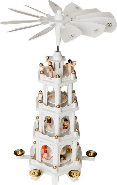 BRUBAKER Kerstpiramide Houten Piramide - Wit - 4 Niveaus - 60 Cm Hoogte - Handbeschilderde Figuren