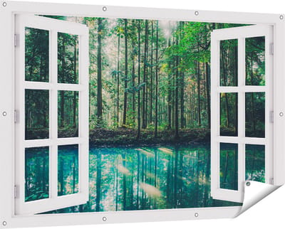 Gards Tuinposter Doorkijk Bos bij een Groen Meer - 150x100 cm - Tuindoek - Tuindecoratie - Wanddecoratie buiten - Tuinschilderij