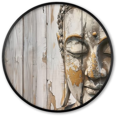 Poster in lijst Rond - Fotolijst 60x60 cm - Posters - Boeddha - Houtlook - Modern - Industrieel - Ronde posterlijst zwart - Decoratie - Wanddecoratie woonkamer - Muurdecoratie slaapkamer