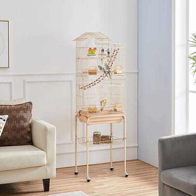 Papa Simba Vogelkooi, parkiet, kanaries, kooi met vogelspeelgoed met standaard, 46 x 35,5 x 158,5 cm, amandel HMTM-BC-10004-Almond