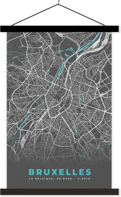 Posterhanger incl. Poster 40x60 cm - Schoolplaat - Kaart – Plattegrond – Stadskaart – Bruxelles – België - Grijs - Textielposter - Zwarte latten - Stadskaart