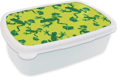 Broodtrommel Wit - Lunchbox - Brooddoos - Kikker - Dieren - Jungle - Patroon - 18x12x6 cm - Volwassenen