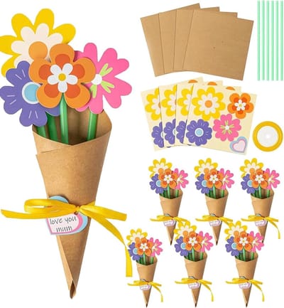 6 stuks Moederdag handgemaakte bloemboeket knutselset - doe-het-zelf papier bloem ambacht voor kinderen, maak je eigen kaart en boeket set, schoolklas thuisactiviteit (veelkleurig)