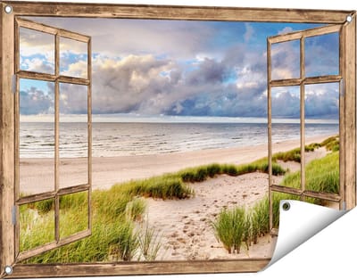 Gards Tuinposter Doorkijk Strand en Duinen met Bewolking - 90x60 cm - Tuindoek - Tuindecoratie - Wanddecoratie buiten - Tuinschilderij