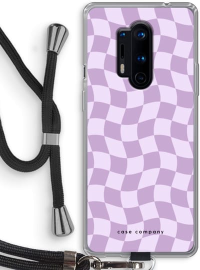 Case Company® - Hoesje met koord geschikt voor OnePlus 8 Pro hoesje met Koord - Grid Paars - Telefoonhoesje met Zwart Koord - Bescherming aan alle Kanten en Over de Schermrand