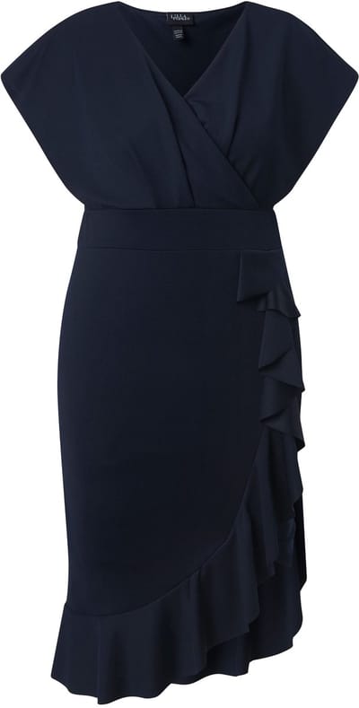 Ulla Popken - Dames - Bodycon-jersey jurk volants V-hals kapmouwen - Marine - Maat 56