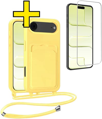 Hoesje Geschikt voor iPhone Air Telefoonhoesje Met Koord Case Pashouder Met Screenprotector Siliconen - Hoes Geschikt voor iPhone Air Hoesje Met Kaarthouder - Geel