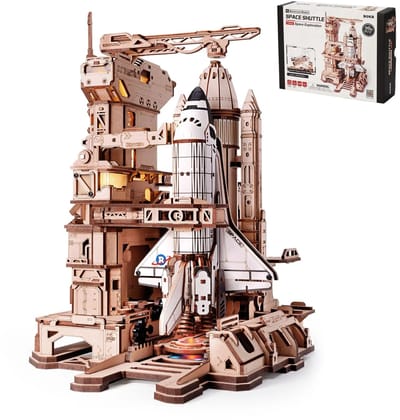 NordHaus 3D Houten Puzzel Space Shuttle - Mechanisch Bouwpakket - STEM Model - Bewegende Lanceertoren met LED - 24,9 x 19,6 x 27,2 cm