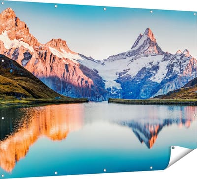 Gards Tuinposter Bergen Landschap bij het Meer - 160x120 cm - Tuindoek - Tuindecoratie - Wanddecoratie buiten - Tuinschilderij
