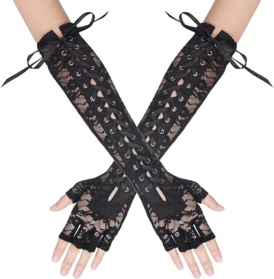 Lange vingerloze handschoenen met kant voor dames, steampunk kostuumaccessoire, satijnen armwarmers voor Halloween en feestkleding, zwart - 39cm/15.35in*9cm/3.54in