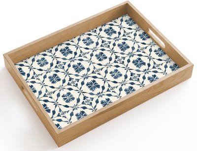 Dienblad hout 40x30 cm - Schootdienblad - Grafisch - Tegel - Blauw - Borrelplank rechthoek - Plateau dienbladen