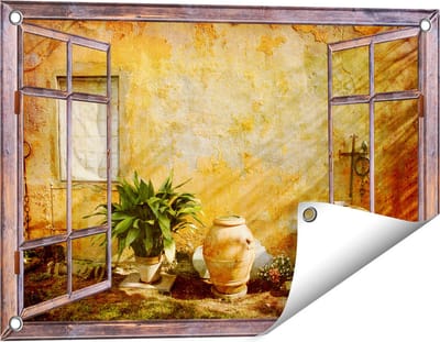 Gards Tuinposter Doorkijk Oude Stenen Muur - 60x40 cm - Tuindoek - Tuindecoratie - Wanddecoratie buiten - Tuinschilderij