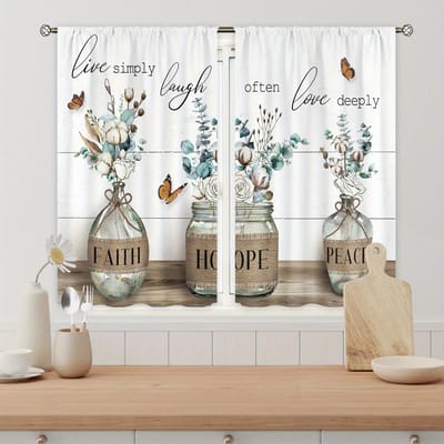 2 stuks Boerderij Keukengordijnen Rustiek Land Vork Mes Vintage Raambekleding Voor Keuken Slaapkamer Café Woonkamer Huis Dec W60H60(CM)x2PCS&Grommet Top