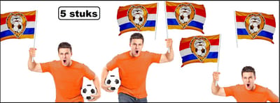 5x Oranje Vlag met stok met Leeuw 50cm x 70cm (stok 90cm) - Koningsdag Oranje WK Holland Nederland voetbal sport themafeest party