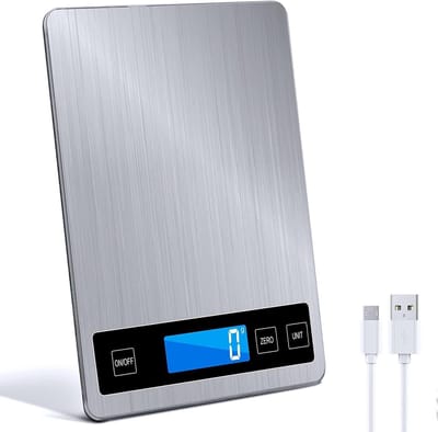 Digitale keukenweegschaal met LCD scherm - 33 lb/15 kg - Roestvrij staal - Gehard glas - Nauwkeurig tot 1 g - USB of batterij bediend