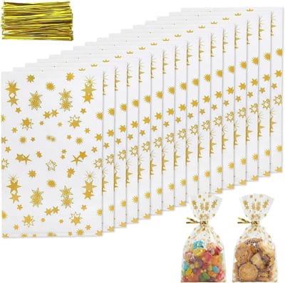 200 Doorzichtige Koekzakjes voor Kerstmis, Bruiloften en Verjaardagen - 23 x 14 cm, Inclusief 200 Gouden Kabelbinders voor Snoep en Koekjes
