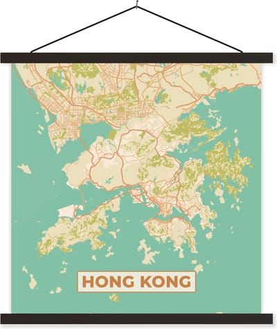Posterhanger incl. Poster 60x60 cm - Schoolplaat - Kaart - Hong Kong - Stadskaart - Vintage - Plattegrond - Textielposter - Zwarte latten - Stadskaart