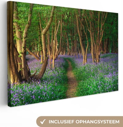 Canvas Schilderij Bospad - Bomen - Bos - Bloemen - Schilderijen Woonkamer - 30x20 cm - Wanddecoratie