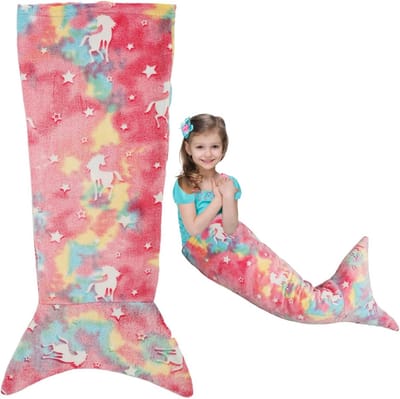 Shaojian 100x50cm Lichtgevende Zeemeerminstaart Deken voor Kinderen - Kleurrijke Ombre Knuffel Flanellen Zachte Sofa Slaapzak met Dubbele Stikken voor Meisjes 3 tot 6 Jaar (Rood)