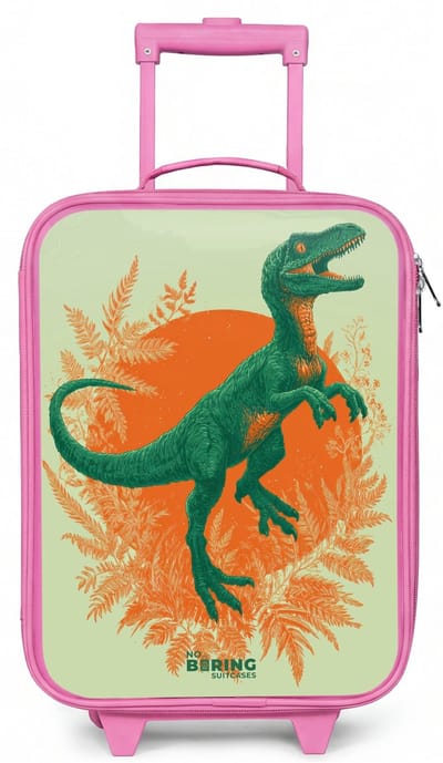 NoBoringSuitcases.com® - Kinderkoffer roze - Kindertrolley meisje - Groene dino tussen varens - Koffer kind lichtgewicht - Reiskoffer trolley voor kinderen - Koffertje met lichtgevende wieltjes - Rolkoffer