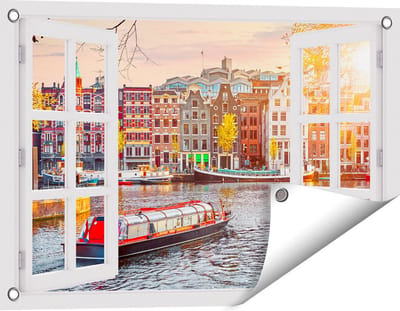 Gards Tuinposter Doorkijk Amsterdamse Huisjes vanaf de Grachten - 60x40 cm - Tuindoek - Tuindecoratie - Wanddecoratie buiten - Tuinschilderij