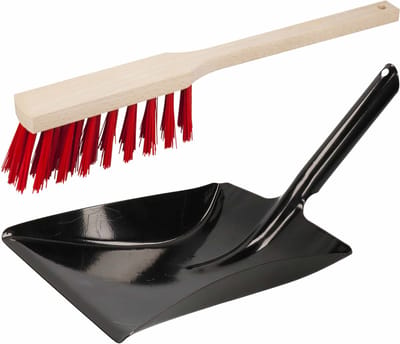 Stoffer en blik zwart/rood - van zwart metaal - voor buiten - Harde borstel / handveger van hout