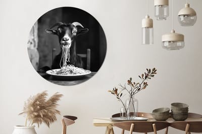 WallCircle - Wandcirkel - Muurcirkel - Geit - Bord - Spaghetti - Zwart Wit - Aluminium - Dibond - 120x120 cm - Binnen en Buiten XXL