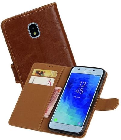 Zakelijke Book Case Telefoonhoesje Geschikt voor de Samsung Galaxy J3 2018 - Portemonnee Hoesje - Pasjeshouder Wallet Case - Bruin