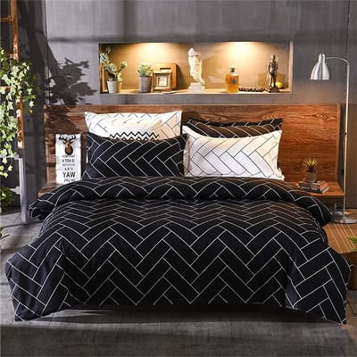 Elegante Microfibre Dekbedovertrekset van 4 met 2 Kussenslopen en 1 Lakenset (220 x 240 cm, Zwart Geometrisch) voor Luxe Slaapkamerdecoratie
