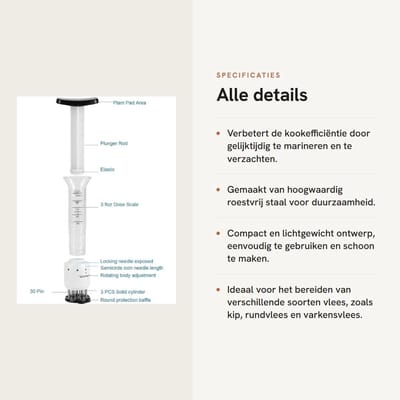 Dailygoods- Vlees Tenderizer Professioneel - Vlees Spuit - Marinade Injector - Roestvrij Staal - 6,5 x 6,5 x 22,5 cm - Verbeter kookefficiëntie - Vleesinjector