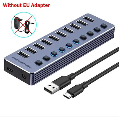 Hub USB Alimenté 10 Ports Splitter Socket avec Multi Port USB 3.0 Slot Prise Interrupteur Marche/Arrêt Station d'Accueil Bloc Multiprise Adaptateur pour Ordinateur Portable 10-IN-1 without EU Adapter grise