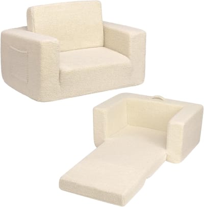 Kinderfauteuil Slaapbank - Uitklapbaar Bankje - Spelen en Rusten - Zacht Teddybont - 43 x 67 x 39 cm - Lichtbeige
