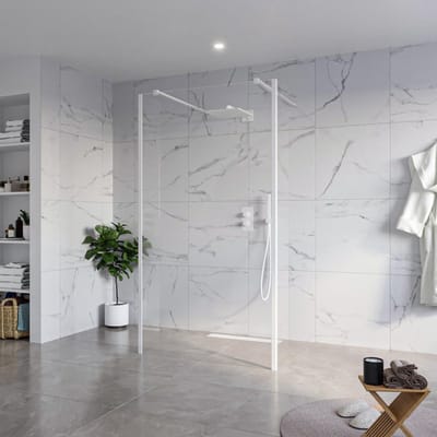 FugaFlow Eccelente Vetro Vrijstaande inloopdouche badkamer - 110x200cm - Helder - antikalk - 8mm veiligheidsglas - 2 zijwanden 30cm - met wandarmen en hoekprofielen - Wit mat -