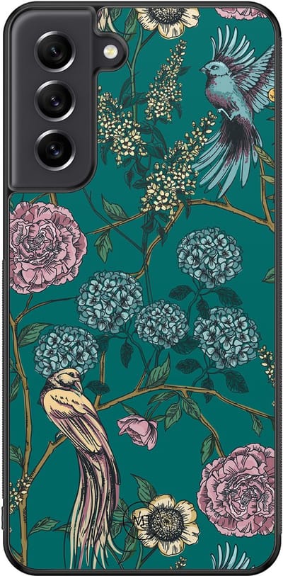 Hoesje geschikt voor Samsung Galaxy S21 FE - Vogels Japanse bloemen - TPU Hard Case Backcover - Groen - Mooie Telefoonhoesjes