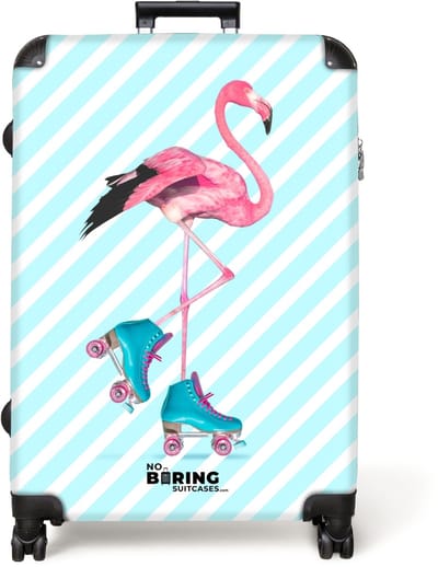NoBoringSuitcases.com® - Koffer groot - Reiskoffer lichtgewicht - Flamingo met blauwe rolschaatsen - Rolkoffer met 4 wielen - Grote trolley XL - 98 liter bagage