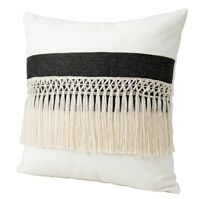 Zwart wit kussen hoesje 45 x 45 cm vierkant polyester kussenhoezen met franjes en geweven patroon sierkussen hoes decoratief voor bank en stoel geschikt voor dames en heren