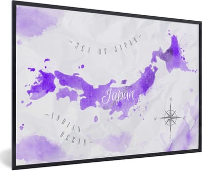 Poster in lijst - Fotolijst 120x80 cm - Posters - Wereldkaarten - Japan - Paars - Posterlijst zwart - Decoratie - Wanddecoratie woonkamer - Muurdecoratie slaapkamer