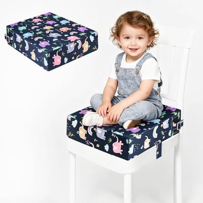 Verstelbare Kinderstoel Verhoger met Wasbare Zitting en Veiligheidsriemen - Antislip Booster Kussen voor Eten, 32 x 32 x 8 cm, Ideaal voor Thuis en Op Reis
