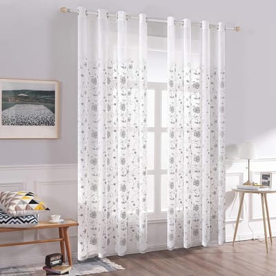 Gordijnen met Geborduurde Bloemen Patroon - Transparante Voile Gordijnen voor Woonkamer en Slaapkamer - Set van 2 - H 225 x B 140 cm