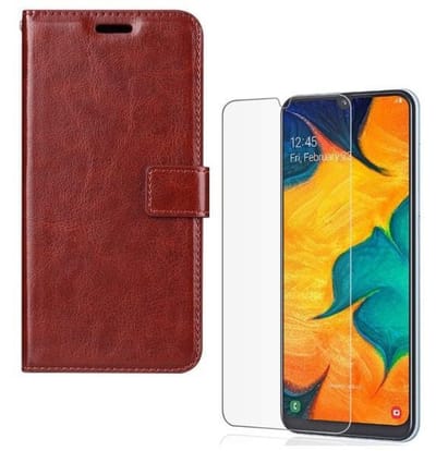 hoesje Geschikt voor: Samsung Galaxy A60 Portemonnee bruin met 2 stuks Glas Screen protector