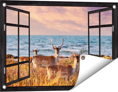 Gards Tuinposter Doorkijk Drie Herten aan de Zee tijdens Zonsondergang - 60x40 cm - Tuindoek - Tuindecoratie - Wanddecoratie buiten - Tuinschilderij
