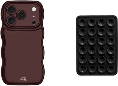 xoxo Wildhearts Telefoonhoesje Glossy Wavy Case Burgundy + Telefoonsticker Stick On Me Square Zwart – geschikt voor iPhone 17 Pro Max
