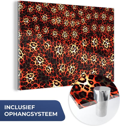 MuchoWow® Glasschilderij 60x40 cm - Schilderij acrylglas - Luipaardprint - Design - Oranje - Foto op glas - Schilderijen