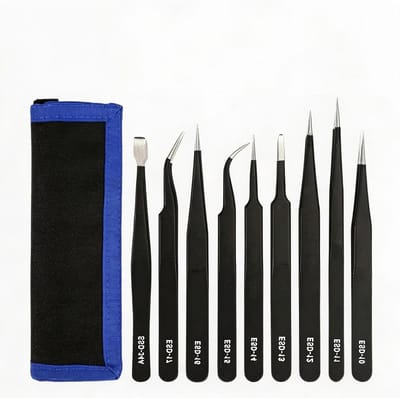 Precisie Pincetten Set - Fijne Pincetten Antistatisch - Elektronica Reparatie - ESD Coating Roestvrij Staal - 9-delig - Zilver
