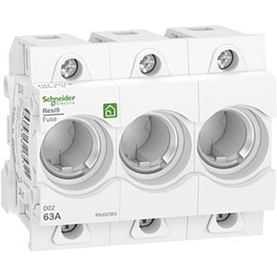 Schneider Electric Resi9 neozed d02 3p 63a fuse Houder without Schroef head fits DIN rail. d02 Zwart Schroef heads are supplied in pack of 10 r9j02063