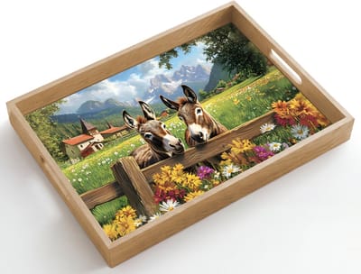 Dienblad hout 50x35 cm - Schootdienblad - Ezels - Bloemen - Zomers - Borrelplank rechthoek - Plateau dienbladen