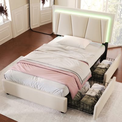 DESMIU Gestoffeerd Bed 90x200cm - Verstelbaar Hoofdeinde Met Ledverlichting - 2 Opberglades - Voor Slaapkamer En Jeugdkamer - Hout En Beige - Zonder Matras