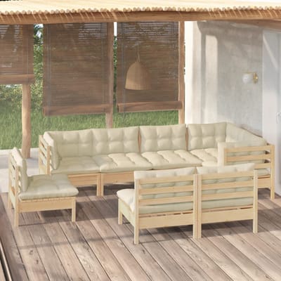 vidaXL - 8-delige - Loungeset - met - crèmekleurige - kussens - massief - grenenhout